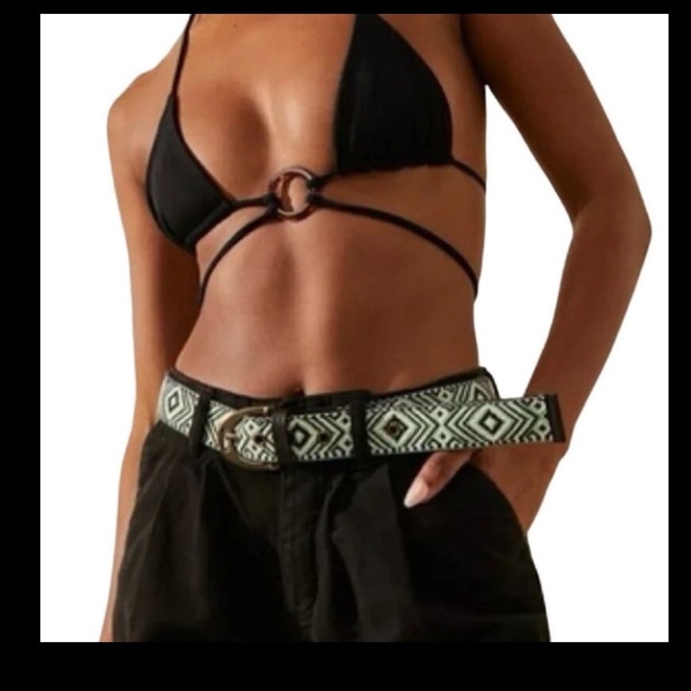 Free people moving to mars green cotton and black real leather belt size ‎ xl